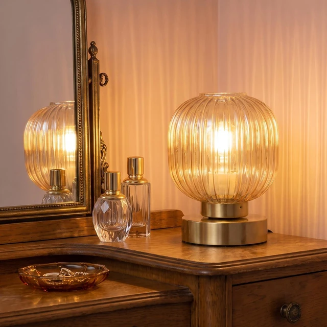 Alt view image 7 of 7 - Amber Touch Glass Table Lamp Set of 2, 3-Way Dimmable Bedside Lamps, Vintage Mid-Century Modern Nightstand Lamps for Bedroom and Living Room, Ambient Mood Lighting, LED Bulb Included