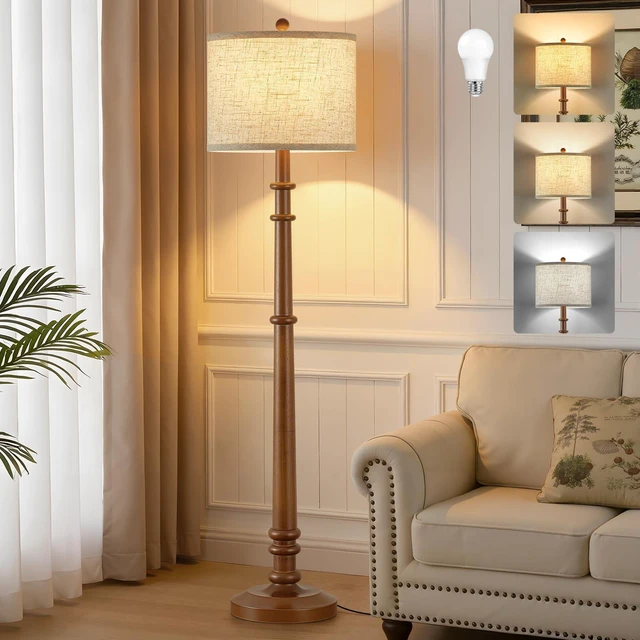 Main image of Floor Lamps for Living Room - 60" Farmhouse Floor Lamp with Adjustable Color Temperatures - Vintage Standing Lamp Reading Light with Linen Shade Rustic Tall Lamp for Bedroom Office, Dining Room, Wood