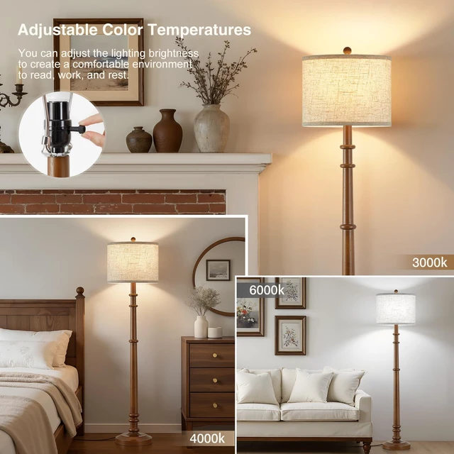 Alt view image 2 of 7 - Floor Lamps for Living Room - 60" Farmhouse Floor Lamp with Adjustable Color Temperatures - Vintage Standing Lamp Reading Light with Linen Shade Rustic Tall Lamp for Bedroom Office, Dining Room, Wood