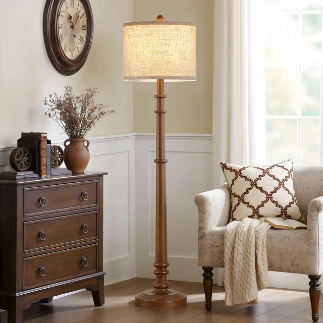 Alt view image 5 of 7 - Floor Lamps for Living Room - 60" Farmhouse Floor Lamp with Adjustable Color Temperatures - Vintage Standing Lamp Reading Light with Linen Shade Rustic Tall Lamp for Bedroom Office, Dining Room, Wood