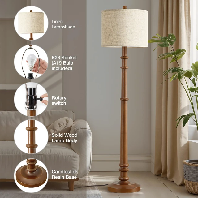 Alt view image 4 of 7 - Floor Lamps for Living Room - 60" Farmhouse Floor Lamp with Adjustable Color Temperatures - Vintage Standing Lamp Reading Light with Linen Shade Rustic Tall Lamp for Bedroom Office, Dining Room, Wood