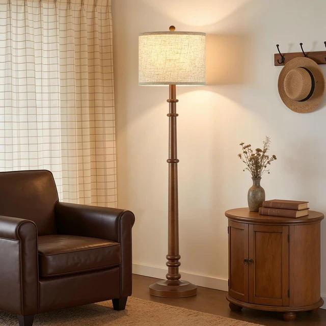 Alt view image 6 of 7 - Floor Lamps for Living Room - 60" Farmhouse Floor Lamp with Adjustable Color Temperatures - Vintage Standing Lamp Reading Light with Linen Shade Rustic Tall Lamp for Bedroom Office, Dining Room, Wood