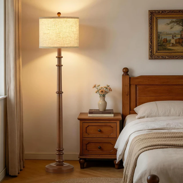 Alt view image 7 of 7 - Floor Lamps for Living Room - 60" Farmhouse Floor Lamp with Adjustable Color Temperatures - Vintage Standing Lamp Reading Light with Linen Shade Rustic Tall Lamp for Bedroom Office, Dining Room, Wood