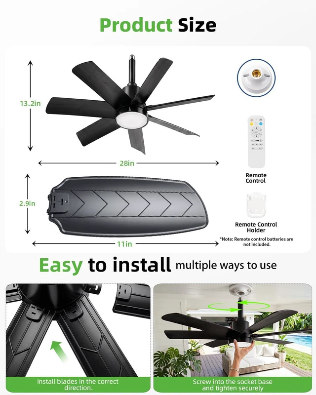 Alt view image 2 of 7 - 28 Inch Socket Fan Light with Remote Control, Screw in E26/E27 Ceiling Fan with LED Light, 3000-6000K Dimmable Color Temp, 6 Speeds, Timer, for Bedroom Kitchen Living Room Garage, 2-Black