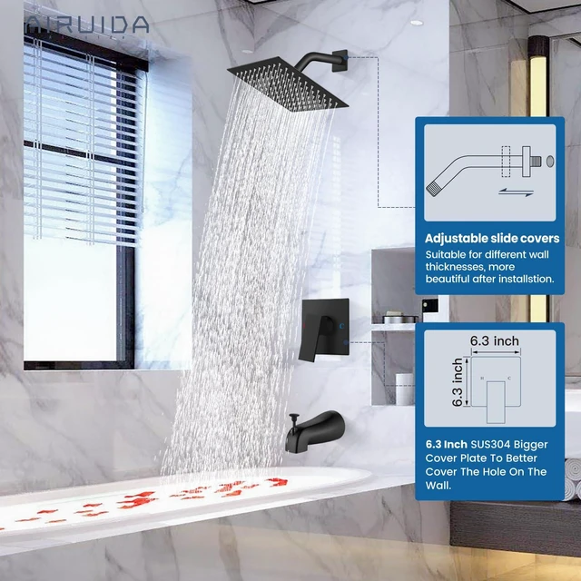 Alt view image 3 of 7 - 8 Inch Shower Faucet Set,Bathtub Faucet Kit,Matte Black Shower Tub Faucet Set,Male Threads Rough-In Valve,Square Head Shower System