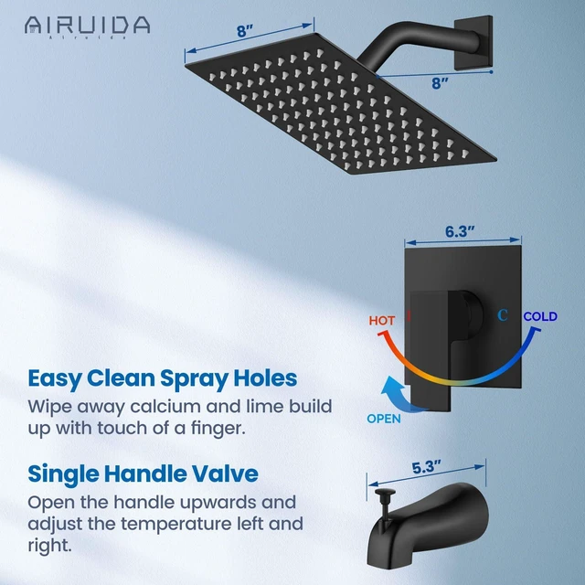 Alt view image 4 of 7 - 8 Inch Shower Faucet Set,Bathtub Faucet Kit,Matte Black Shower Tub Faucet Set,Male Threads Rough-In Valve,Square Head Shower System