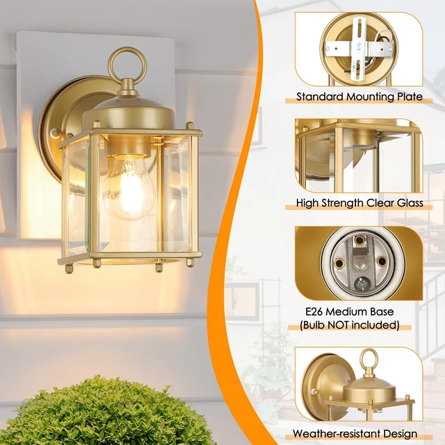Alt view image 4 of 7 - Outdoor Wall Lantern, Exterior Waterproof Wall Sconce Light Fixtures, Gold Front Door Lighting with Clear Beveled Glass Shade, 2 Pack