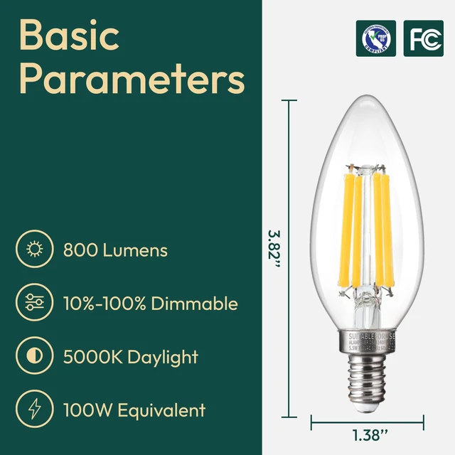 Alt view image 2 of 7 - 24 Pack Chandelier Light Bulbs 100 Watt Equivalent, 800LM Bright Dimmable LED Light Bulb, E12 Base, 5000K Daylight White, B11 Type, 5.5W, Ideal for Living Room, Bedroom, Dining Room