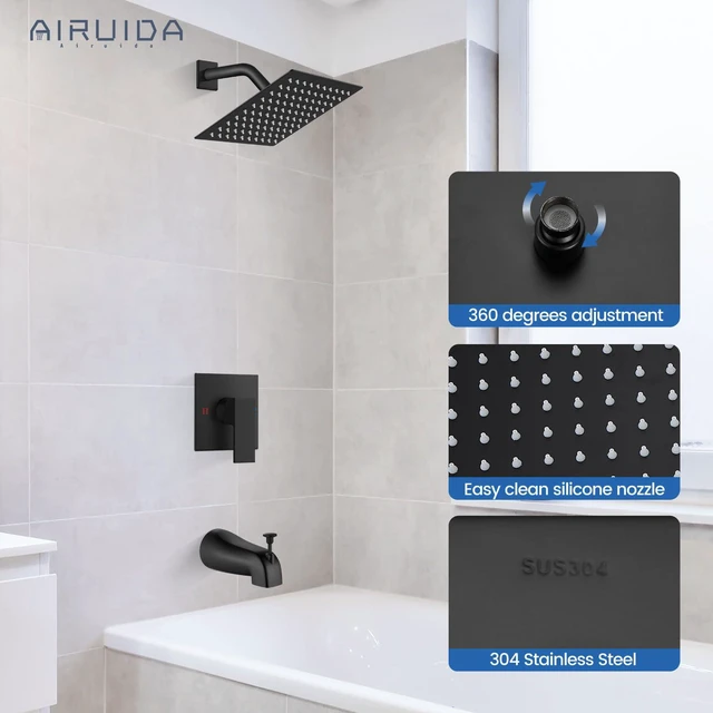 Alt view image 5 of 7 - 8 Inch Shower Faucet Set,Bathtub Faucet Kit,Matte Black Shower Tub Faucet Set,Male Threads Rough-In Valve,Square Head Shower System