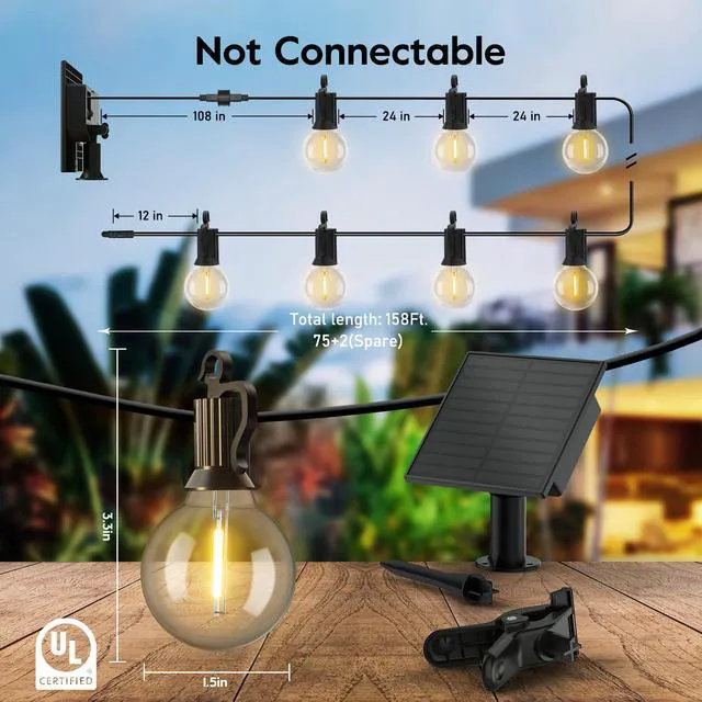 Alt view image 2 of 6 - 158FT Solar String Lights Outdoor Waterproof Solar Powered Patio Lights with Cable Ties and Hooks, 75 LED Shatterproof Bulbs, Commercial Hanging Light for Outside Backyard Garden Decor
