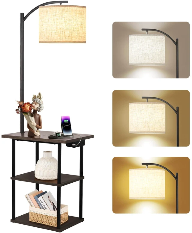 Main image of Floor Lamp with Table, End Tables with Charging Station USB, Type-C & AC Outlet; 3 Color Temperatures 9W LED Bulb, Modern Side Table with 3 Shelves for Living Room, Bedroom