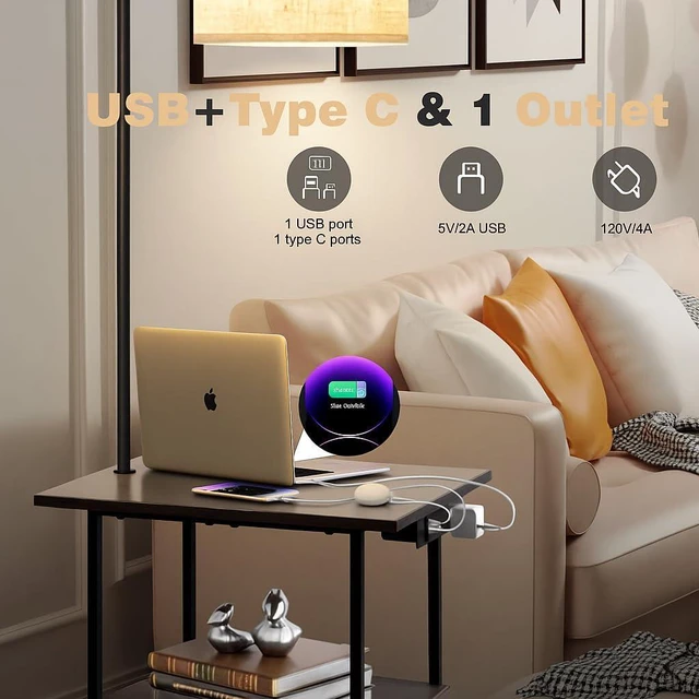 Alt view image 2 of 6 - Floor Lamp with Table, End Tables with Charging Station USB, Type-C & AC Outlet; 3 Color Temperatures 9W LED Bulb, Modern Side Table with 3 Shelves for Living Room, Bedroom