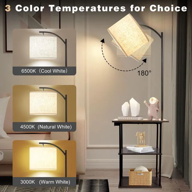 Alt view image 3 of 6 - Floor Lamp with Table, End Tables with Charging Station USB, Type-C & AC Outlet; 3 Color Temperatures 9W LED Bulb, Modern Side Table with 3 Shelves for Living Room, Bedroom