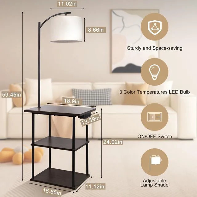 Alt view image 4 of 6 - Floor Lamp with Table, End Tables with Charging Station USB, Type-C & AC Outlet; 3 Color Temperatures 9W LED Bulb, Modern Side Table with 3 Shelves for Living Room, Bedroom