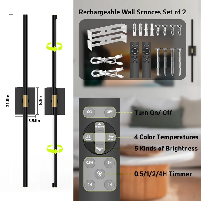 Alt view image 2 of 7 - Battery Operated Wall Sconces Set of 2, 10000mAh, Black Detachable rechargeable battery, 31.5" wireless lighting for TV wall mirror bedroom or living room decor