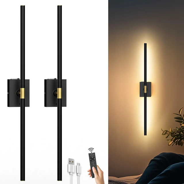 Main image of Battery Operated Wall Sconces Set of 2, 10000mAh, Black Detachable rechargeable battery, 31.5" wireless lighting for TV wall mirror bedroom or living room decor
