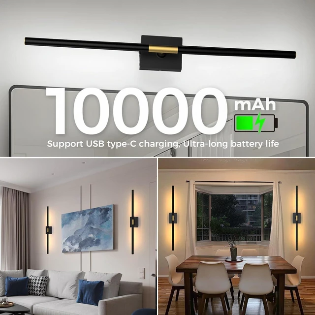 Alt view image 4 of 7 - Battery Operated Wall Sconces Set of 2, 10000mAh, Black Detachable rechargeable battery, 31.5" wireless lighting for TV wall mirror bedroom or living room decor
