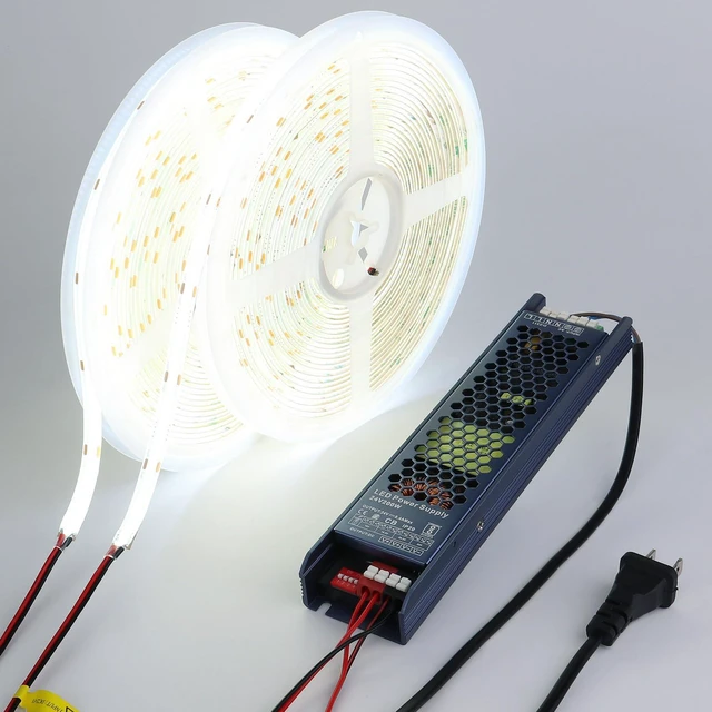 Main image of 24V Outdoor COB LED Strip Lights Waterproof 65.6ft with Power Supply 6000K Cool White LED Tape Light Cuttable Adhesive CRI 93 160W for Bedroom Garden Living Room Ceiling, 2 Rolls of 32.8ft