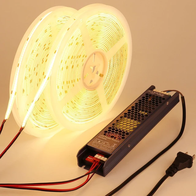 Main image of 24V Outdoor COB LED Strip Lights Waterproof 65.6ft with Power Supply 3000K Warm White LED Tape Light Cuttable Adhesive CRI 93 160W for Bedroom Garden Living Room Ceiling, 2 Rolls of 32.8ft