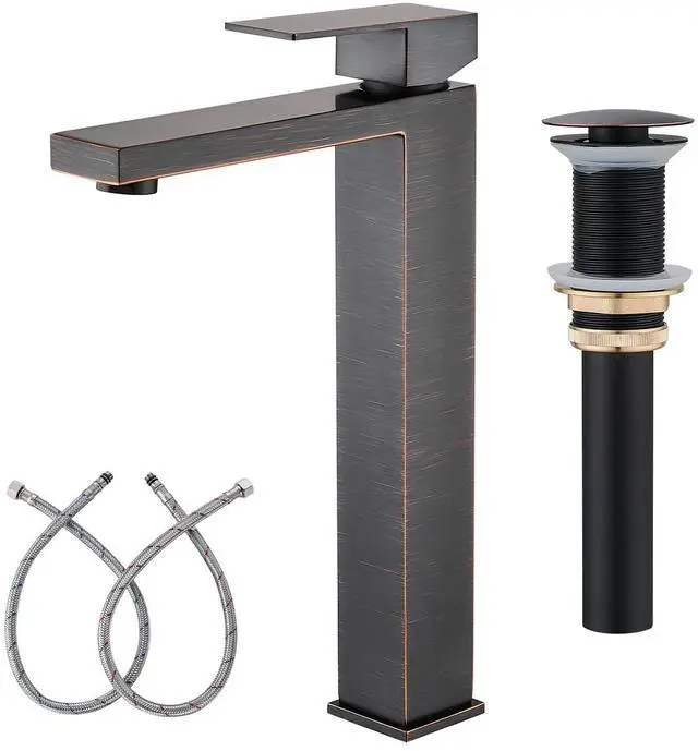 Main image of Vessel Sink Faucet, Oil Rubbed Bronze 1 Hole Single Handle Faucets Tall Modern Utility Rv Laundry Bath Restroom Mixer Tap with Metal Pop Up Drain and 2 Water Supply Lines