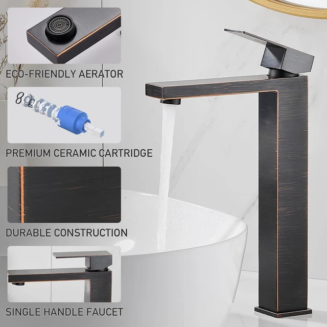 Alt view image 3 of 7 - Vessel Sink Faucet, Oil Rubbed Bronze 1 Hole Single Handle Faucets Tall Modern Utility Rv Laundry Bath Restroom Mixer Tap with Metal Pop Up Drain and 2 Water Supply Lines