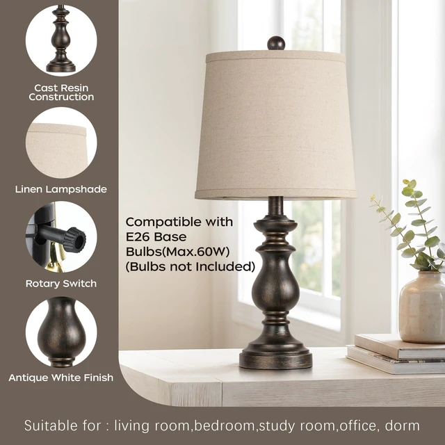 Alt view image 3 of 7 - Traditional Table Lamp Set of 2, Rustic Farmhouse Table Lamps for Living Room Bedroom, 22" Bedside Desk Lamps Vintage Nightstand Lamps with Linen Shades, Oil Rubbed Bronze