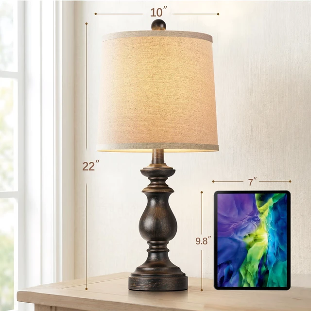 Alt view image 4 of 7 - Traditional Table Lamp Set of 2, Rustic Farmhouse Table Lamps for Living Room Bedroom, 22" Bedside Desk Lamps Vintage Nightstand Lamps with Linen Shades, Oil Rubbed Bronze