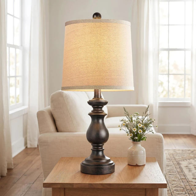 Alt view image 5 of 7 - Traditional Table Lamp Set of 2, Rustic Farmhouse Table Lamps for Living Room Bedroom, 22" Bedside Desk Lamps Vintage Nightstand Lamps with Linen Shades, Oil Rubbed Bronze