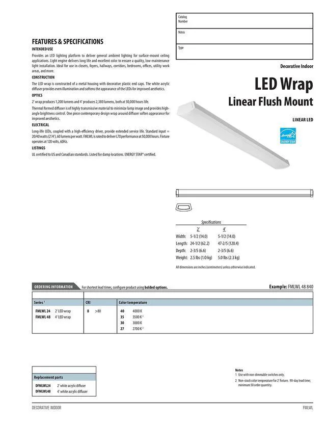 Alt view image 2 of 7 - 4' Low-Profile LED Wraparound Light Fixture, 3500K, 120V 48-Inch LED Flush Mount Ceiling Light, 3500K Neutral White Color Temperature, 120V (FMLWL 48 835)