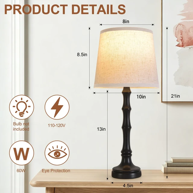Alt view image 3 of 7 - Lamps Set of 2 Modern Farmhouse Table Lamp Bedside Reading Lamps Living Room End Tables Set Lamps for Night Stands Bedroom Night Lamp,High 26.25 Inch,Black,With Fabric Lamp Shade,Bulb Not Included