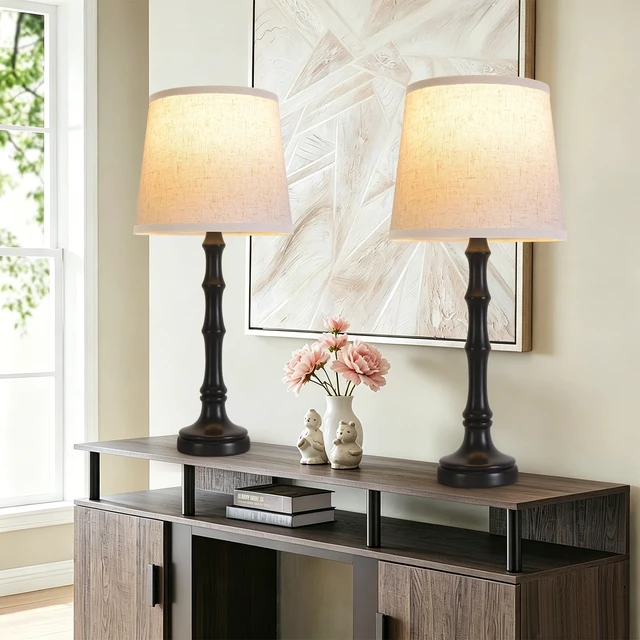 Alt view image 4 of 7 - Lamps Set of 2 Modern Farmhouse Table Lamp Bedside Reading Lamps Living Room End Tables Set Lamps for Night Stands Bedroom Night Lamp,High 26.25 Inch,Black,With Fabric Lamp Shade,Bulb Not Included