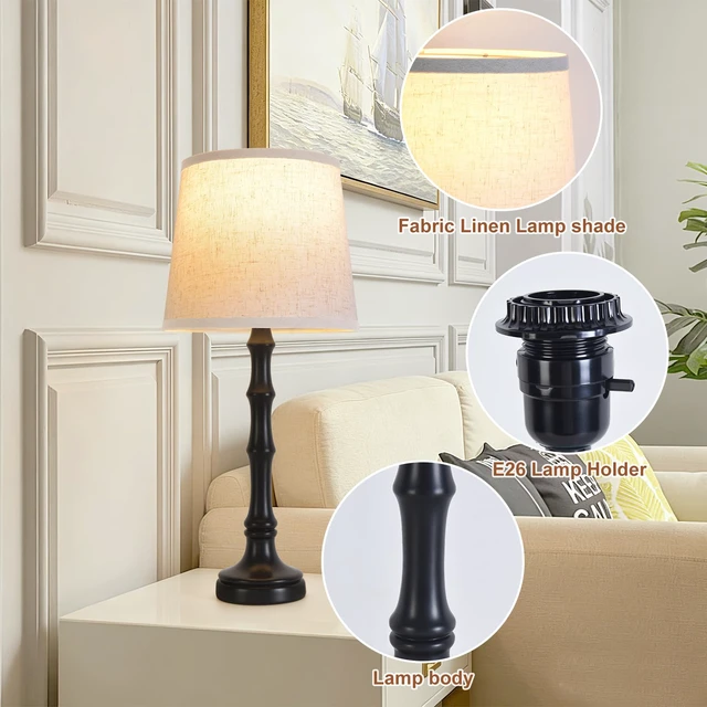 Alt view image 5 of 7 - Lamps Set of 2 Modern Farmhouse Table Lamp Bedside Reading Lamps Living Room End Tables Set Lamps for Night Stands Bedroom Night Lamp,High 26.25 Inch,Black,With Fabric Lamp Shade,Bulb Not Included