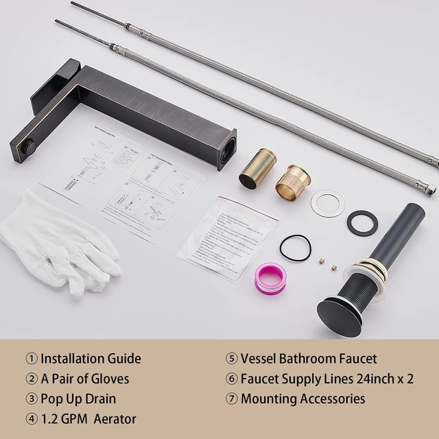 Alt view image 7 of 7 - Vessel Sink Faucet, Oil Rubbed Bronze 1 Hole Single Handle Faucets Tall Modern Utility Rv Laundry Bath Restroom Mixer Tap with Metal Pop Up Drain and 2 Water Supply Lines