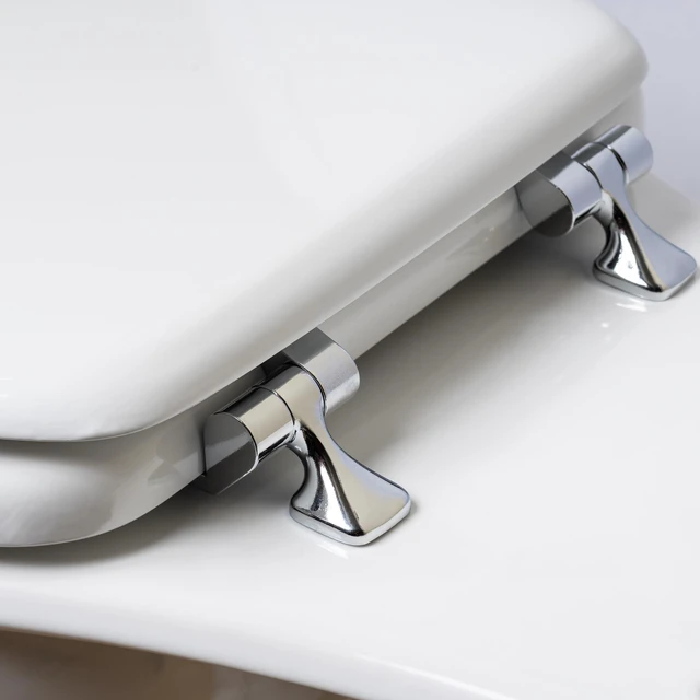 Alt view image 2 of 7 - 844CP 000 Edgewater Toilet Seat with Chrome Hinges will Never Come Loose, ROUND, Durable Enameled Wood, White (Pack of 2)