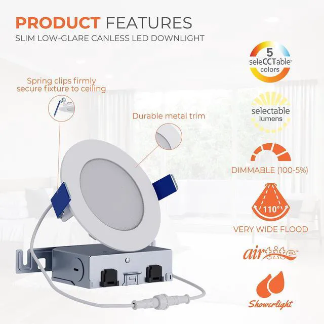 Alt view image 2 of 7 - HLB Canless LED Recessed Lighting 4 inch 5CCT Lumen Select 4PK wafer light, IC rated, AIR-TITE, wet rated for soffit /shower light, 700/850/1000lm, 2700K-5000K, New Construction / Remodel