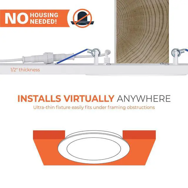Alt view image 3 of 7 - HLB Canless LED Recessed Lighting 4 inch 5CCT Lumen Select 4PK wafer light, IC rated, AIR-TITE, wet rated for soffit /shower light, 700/850/1000lm, 2700K-5000K, New Construction / Remodel