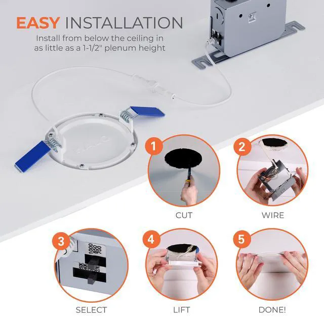 Alt view image 4 of 7 - HLB Canless LED Recessed Lighting 4 inch 5CCT Lumen Select 4PK wafer light, IC rated, AIR-TITE, wet rated for soffit /shower light, 700/850/1000lm, 2700K-5000K, New Construction / Remodel