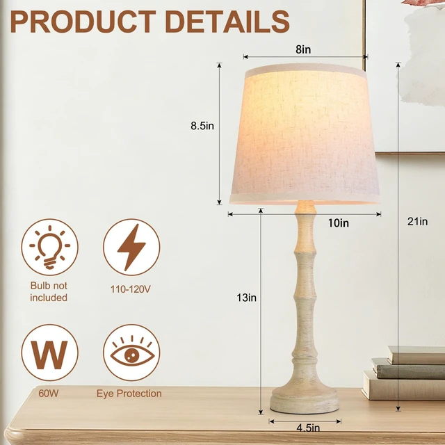 Alt view image 4 of 7 - Lamps Set of 2 Modern Farmhouse Table Lamp Bedside Reading Lamps Living Room End Tables Set Lamps for Night Stands Bedroom Night Lamp,High 26.25 Inch,Off-white,With Fabric Lamp Shade,Bulb Not Included