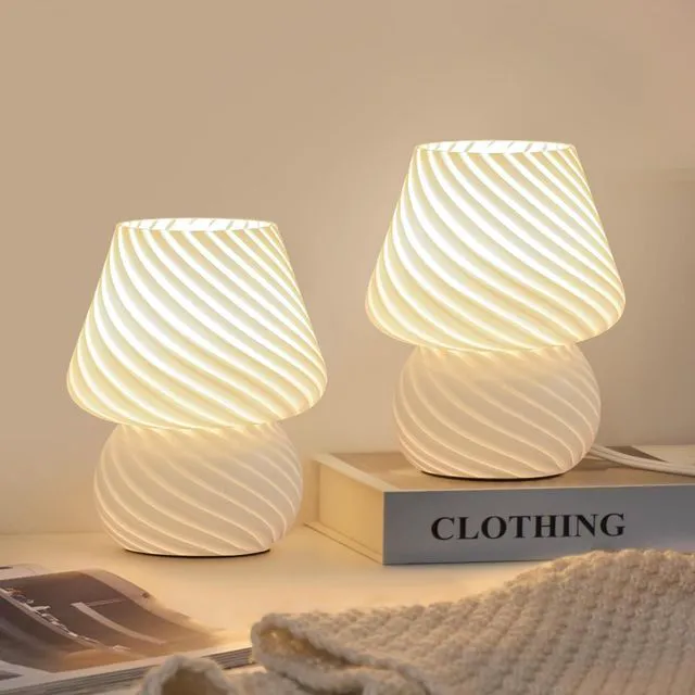 Main image of Mushroom Lamps Set of 2 - Small Bedside Table Lamp with Striped Glass, Nightstand Lamp for Bedroom, Living Room, Bulb Included(White)