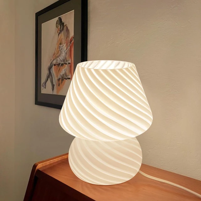 Alt view image 2 of 7 - Mushroom Lamps Set of 2 - Small Bedside Table Lamp with Striped Glass, Nightstand Lamp for Bedroom, Living Room, Bulb Included(White)