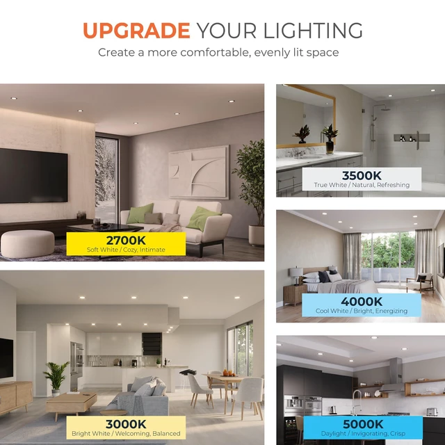 Alt view image 7 of 7 - HLB Canless LED Recessed Lighting 4 inch 5CCT Lumen Select 4PK wafer light, IC rated, AIR-TITE, wet rated for soffit /shower light, 700/850/1000lm, 2700K-5000K, New Construction / Remodel