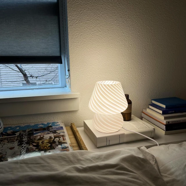 Alt view image 6 of 7 - Mushroom Lamps Set of 2 - Small Bedside Table Lamp with Striped Glass, Nightstand Lamp for Bedroom, Living Room, Bulb Included(White)