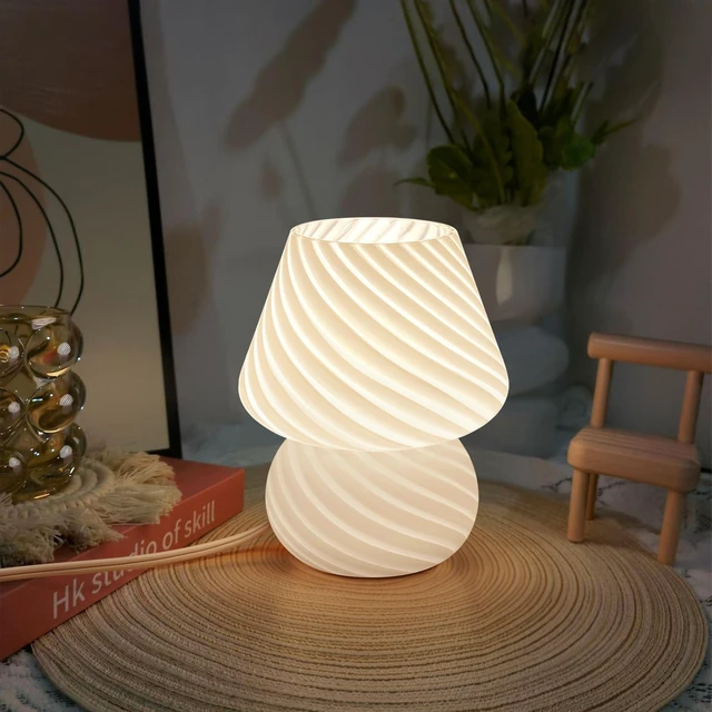 Alt view image 7 of 7 - Mushroom Lamps Set of 2 - Small Bedside Table Lamp with Striped Glass, Nightstand Lamp for Bedroom, Living Room, Bulb Included(White)