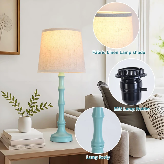 Alt view image 4 of 7 - Lamps Set of 2 Modern Farmhouse Table Lamp Bedside Reading Lamps Living Room End Tables Set Lamps for Night Stands Bedroom Night Lamp,High 26.25 Inch,Green,With Fabric Lamp Shade,Bulb Not Included