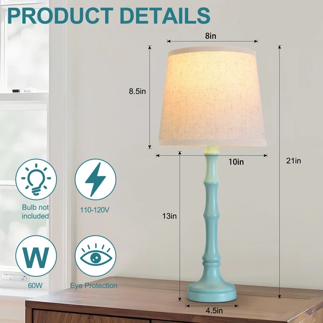 Alt view image 6 of 7 - Lamps Set of 2 Modern Farmhouse Table Lamp Bedside Reading Lamps Living Room End Tables Set Lamps for Night Stands Bedroom Night Lamp,High 26.25 Inch,Green,With Fabric Lamp Shade,Bulb Not Included