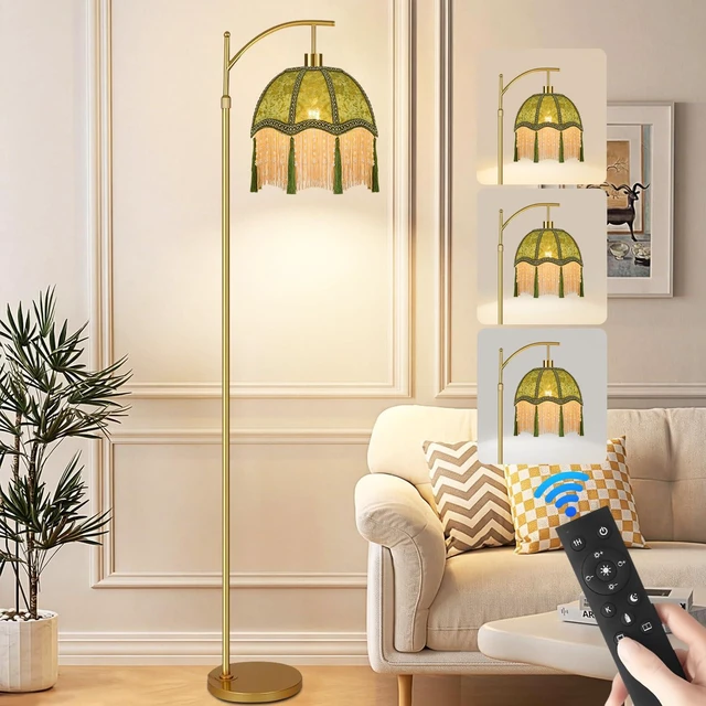 Main image of Vintage Floor Lamps for Living Room Boho Rustic Floor Lamp with Remote Control & 3 Color Temperature,Dimmable Gold Floor Lamp Mid Century Modern Standing Lamp Fringe Green Tall Floor Lamp For Bedroom
