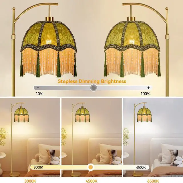 Alt view image 2 of 7 - Vintage Floor Lamps for Living Room Boho Rustic Floor Lamp with Remote Control & 3 Color Temperature,Dimmable Gold Floor Lamp Mid Century Modern Standing Lamp Fringe Green Tall Floor Lamp For Bedroom