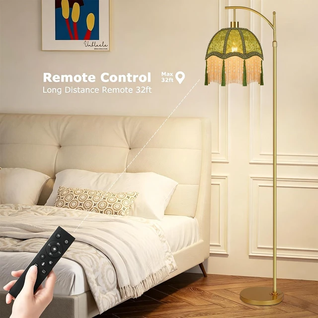 Alt view image 4 of 7 - Vintage Floor Lamps for Living Room Boho Rustic Floor Lamp with Remote Control & 3 Color Temperature,Dimmable Gold Floor Lamp Mid Century Modern Standing Lamp Fringe Green Tall Floor Lamp For Bedroom