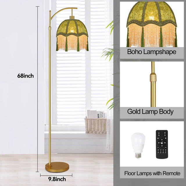Alt view image 5 of 7 - Vintage Floor Lamps for Living Room Boho Rustic Floor Lamp with Remote Control & 3 Color Temperature,Dimmable Gold Floor Lamp Mid Century Modern Standing Lamp Fringe Green Tall Floor Lamp For Bedroom