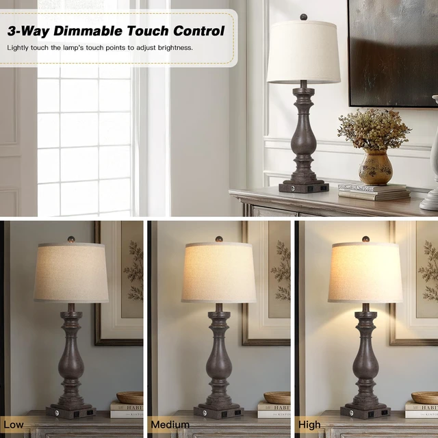Alt view image 2 of 7 - 29" Tall Farmhouse Table Lamp for Living Room Set of 2,Vintage Retro Nightstand Lamps with USB C+A Ports & AC Outlet,3-Way Dimmable Touch Bedside Lamp for Bedroom End Table,Earthy Tone